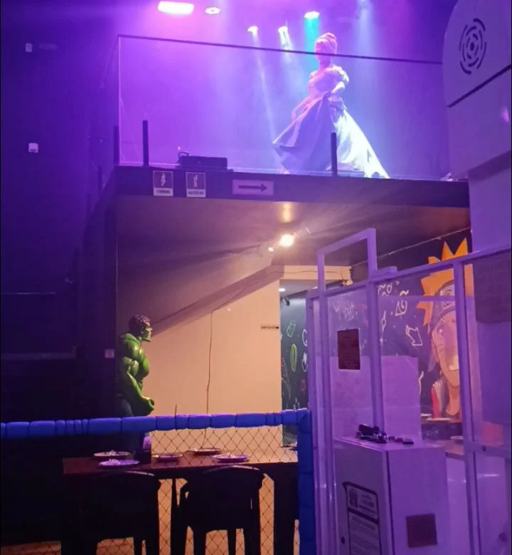 Apresentação no palco elevado sobre o salão durante o jantar